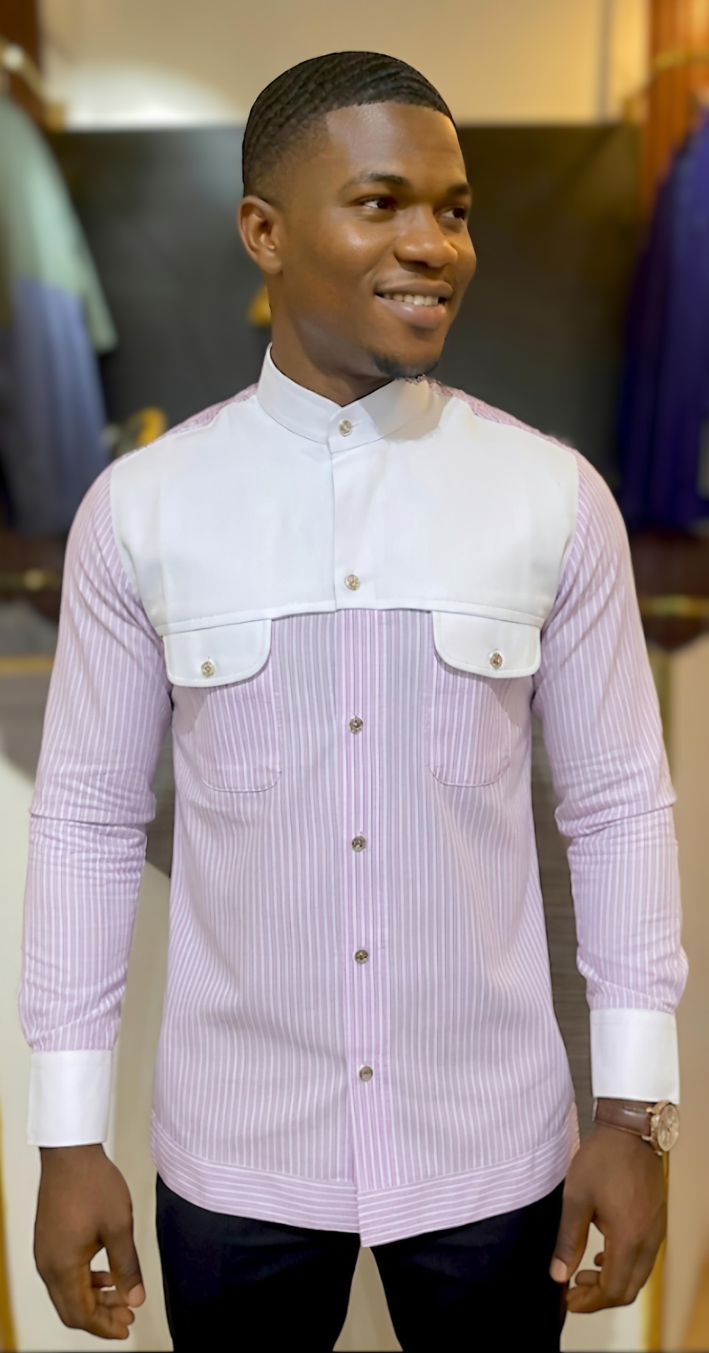 Chemise à rayures, col mao